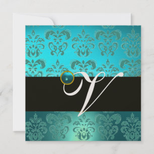BLÅ GRÖN TURKOS SVART GULD DAMASK MONOGRAM , INBJUDNINGAR