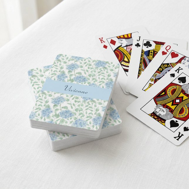 Blå Grön Vildblomma Akvarell Monogram Namn Casinokort (Blue Green Wildflower Watercolor Monogram Name Poker Cards)