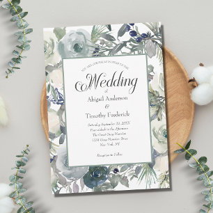 Blå Grön Vit Blommig Elegant Formell Bröllop  Inbjudningar