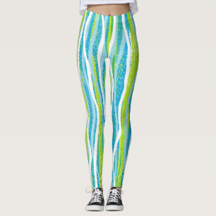 Blå Grön Vit Randig Kvalitets Träningsdräkt Leggings