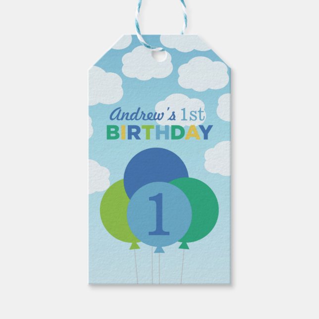 Blå Gröna Ballonger Himmel Moln Pojkar Födelsedag Presentetikett (Framsidan)