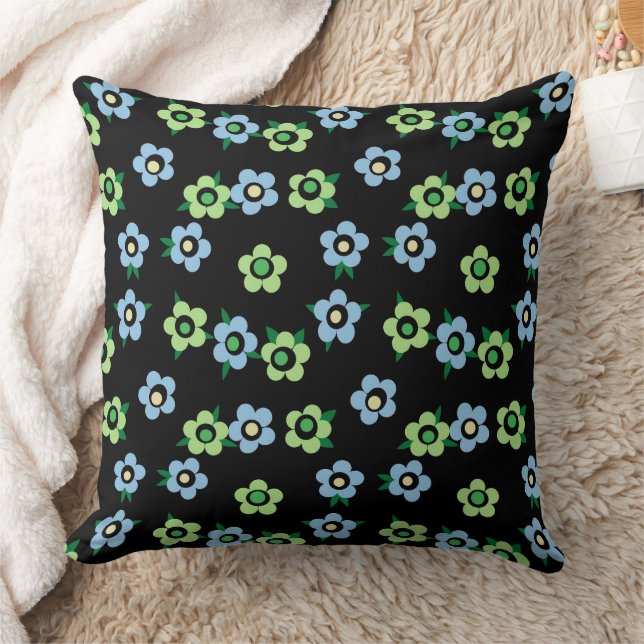 Blå gröna blommor på svart bakgrund retro kudde (Filt)