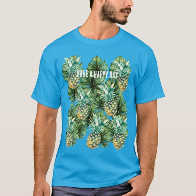 Blå Gröna Tropiska Löv Ananas T Shirt (Framsida)