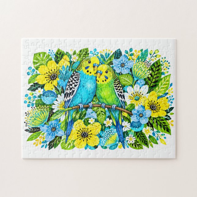Blå Gröna Undulater Matchande Blommig Illustration Pussel (Horisontell)