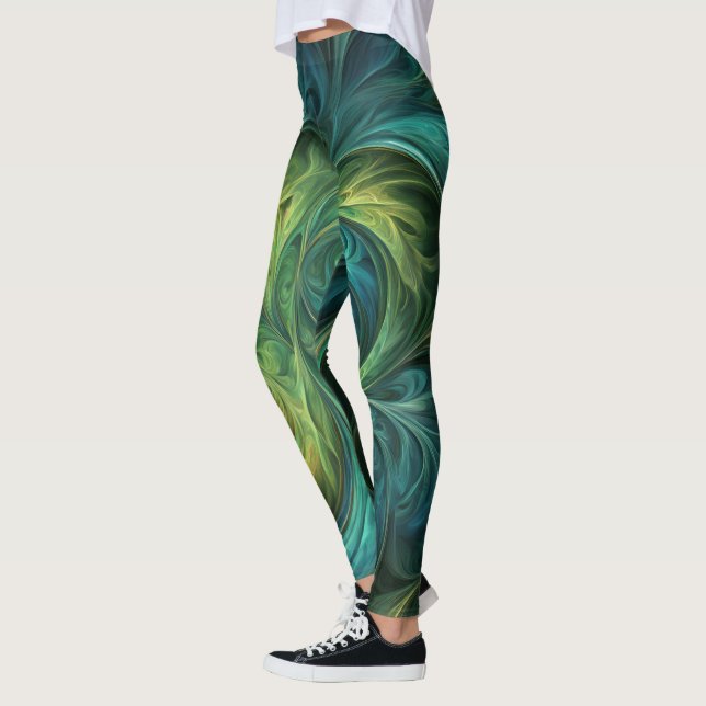 Blå Grönt AI Fractal Mönster Leggings (Vänster)