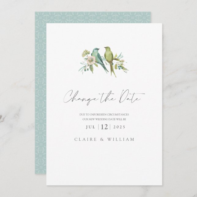 Blå Grönt Birds Blommigt Vattenfärg Bröllop Julkort (Fram/baksida)