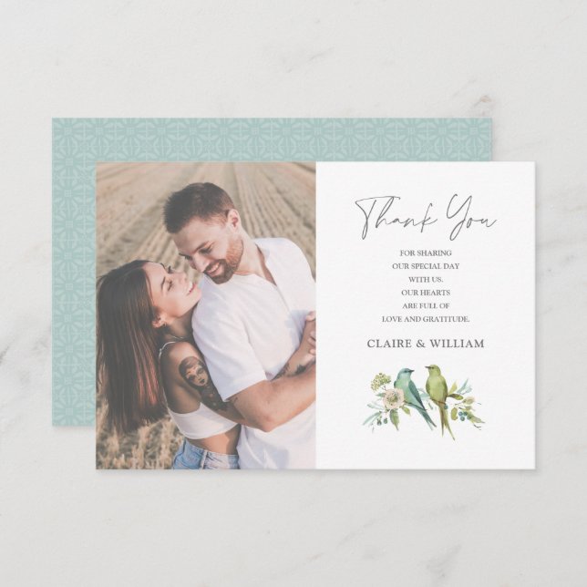 Blå Grönt Birds Blommigt Vattenfärg Bröllop Tack Kort (Fram/baksida)