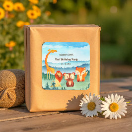 Blå Grönt Birthday Woodland Animals Fyrkantigt Klistermärke