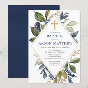 Blå grönt bladpojke baptism greenery inbjudningar