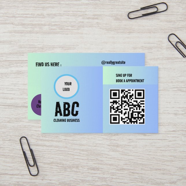 Blå Grönt Blandade Städning tjänster QR-kod Visitkort (Fram/Back In Situ)