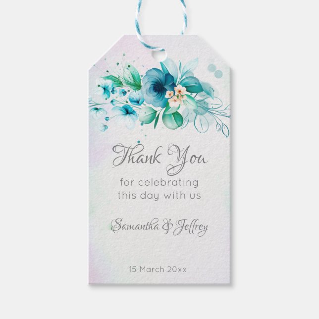 Blå grönt blommor blommigt bröllopsgåvor presentetikett (Framsidan)