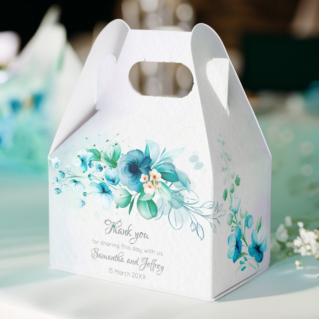 Blå grönt blommor blommigt bröllopsruta presentaskar (Blue teal green flowers floral personalized wedding favor box wedding favors aqua blue floral)