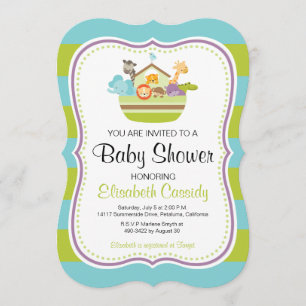 Blå Grönt, Bracket Noahs Ark Baby Shower Inbjudan. Inbjudningar
