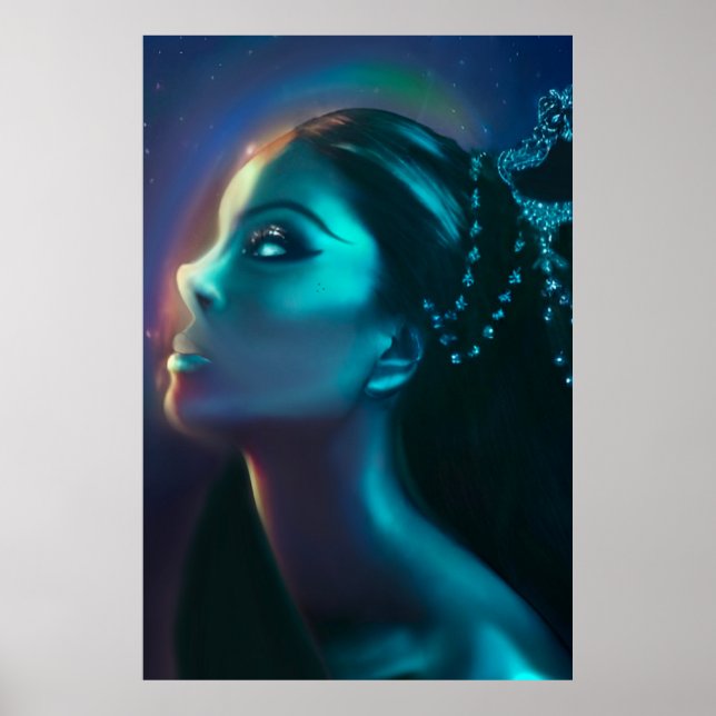 Blå Grönt Celestial Alien Goddes Wall Poster (Framsidan)