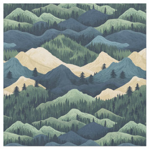 Blå/Grönt/Cream Träd & Mountain Tyg