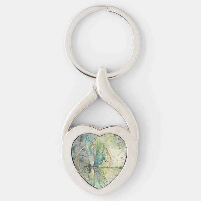 Blå Grönt Dragonfly Twisted Heart Silverfärgad Nyckelring (Framsidan)
