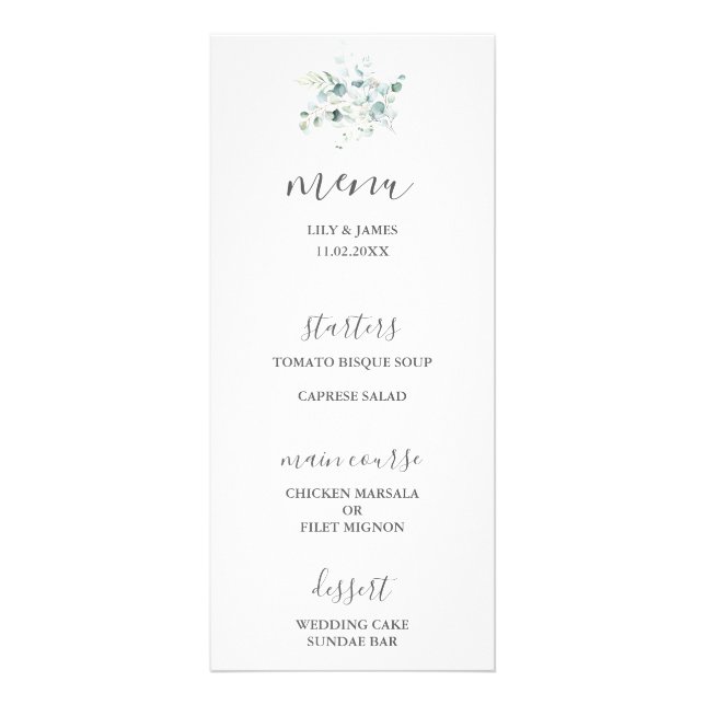 Blå Grönt Eucalyptus Bouquet Bröllop Menu Reklamkort (Framsidan)