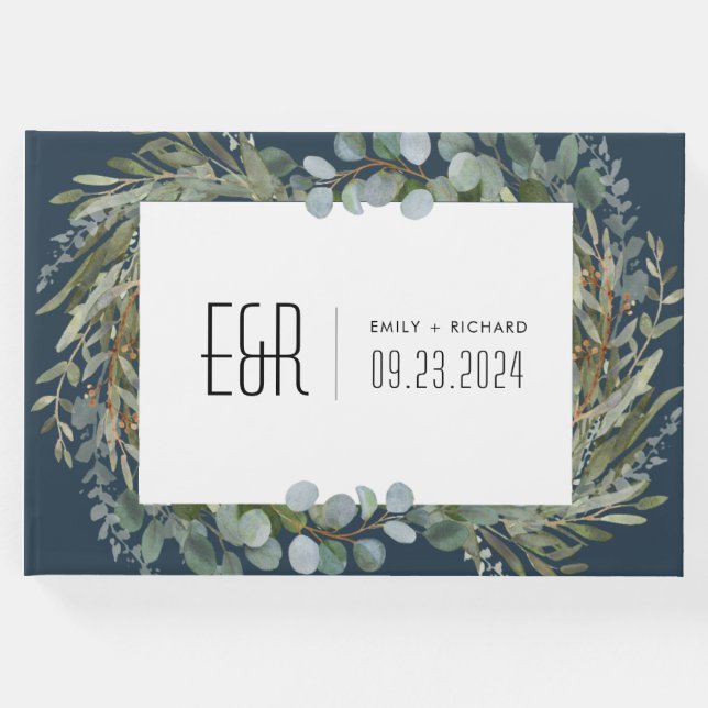 Blå Grönt Eucalyptus Ram Black on White Gästböcker (Framsida)