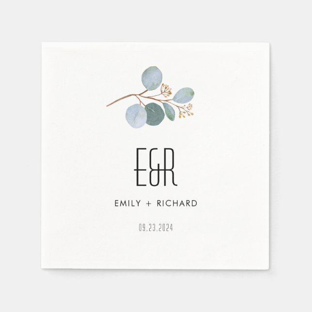 Blå Grönt Eucalyptus Ram Black on White Pappersservett (Framsidan)