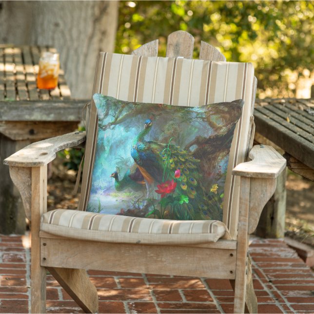 Blå Grönt Feather Peacock Bird Flower Patio Kudde (Stol)