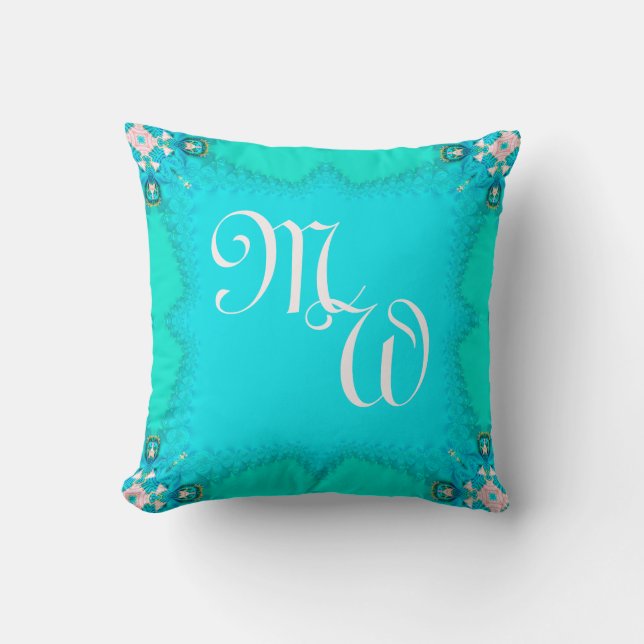 Blå Grönt Fractal Snöre Monogram Cushion Pillow Kudde (Framsida)
