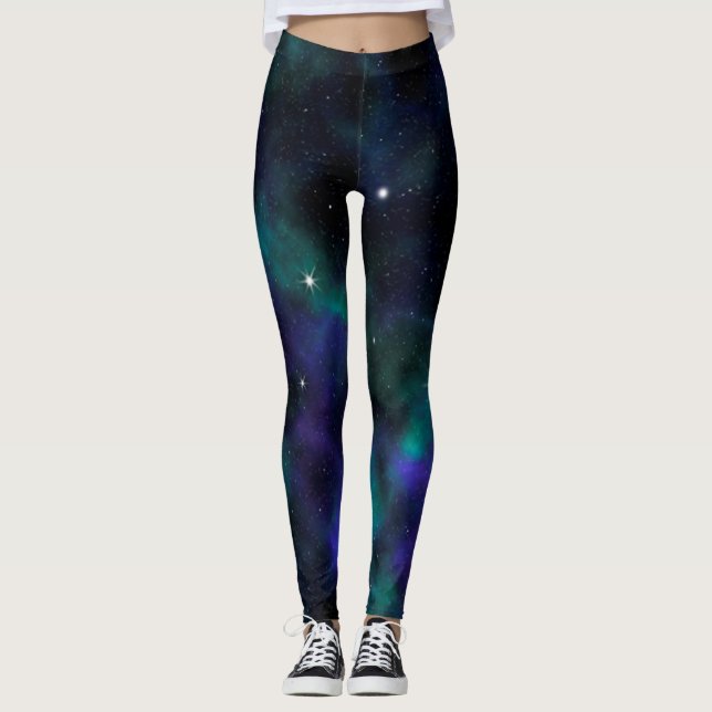 Blå Grönt Galaxy Celestial Space Leggings (Framsida)