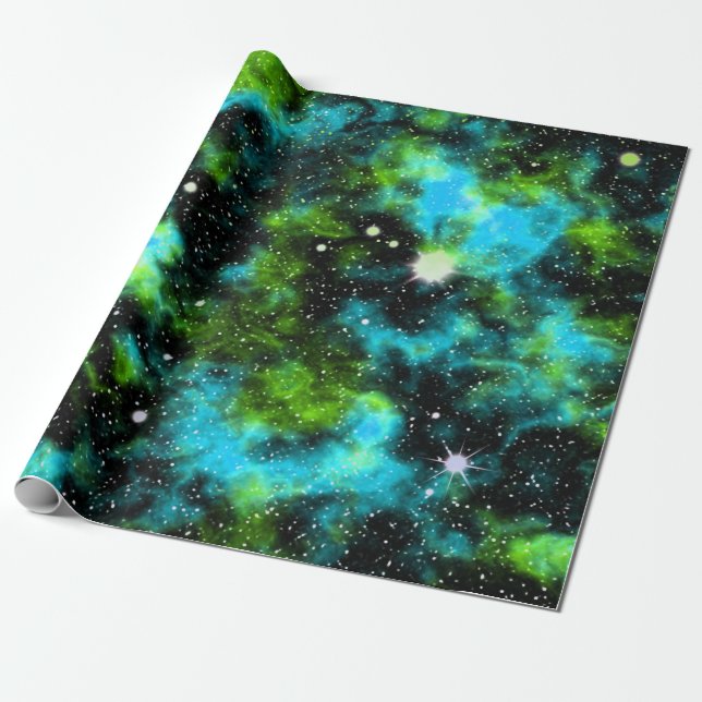 Blå Grönt Galaxy Cosmic Space Stars Nebula Presentpapper (Utrullad)