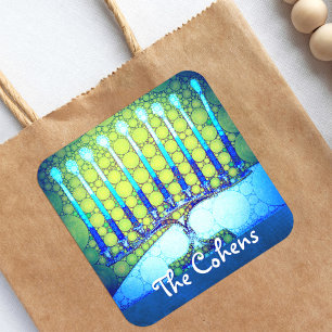 Blå Grönt Hanukkah Menorah Monogram Namn Fyrkantigt Klistermärke