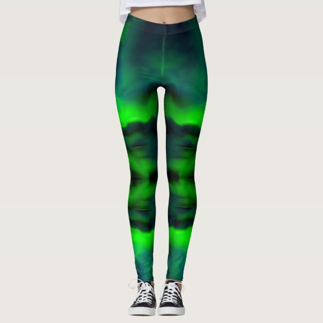 Blå Grönt NordLjus Abstrakt Art Mönster Leggings (Framsida)