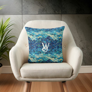 Blå Grönt Ocean Wave Sjöjungfru Scales Monogram Kudde