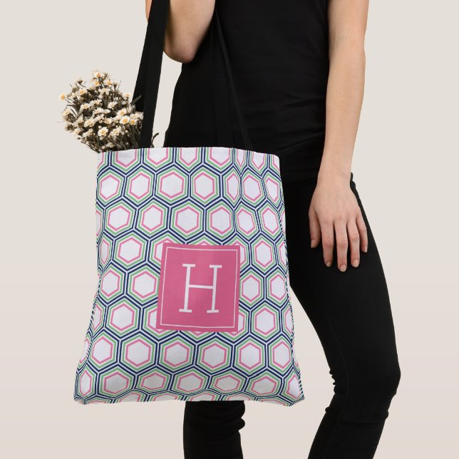 Blå Grönt och Rosa Geometric Mönster och Monogram Tygkasse (Närbild)