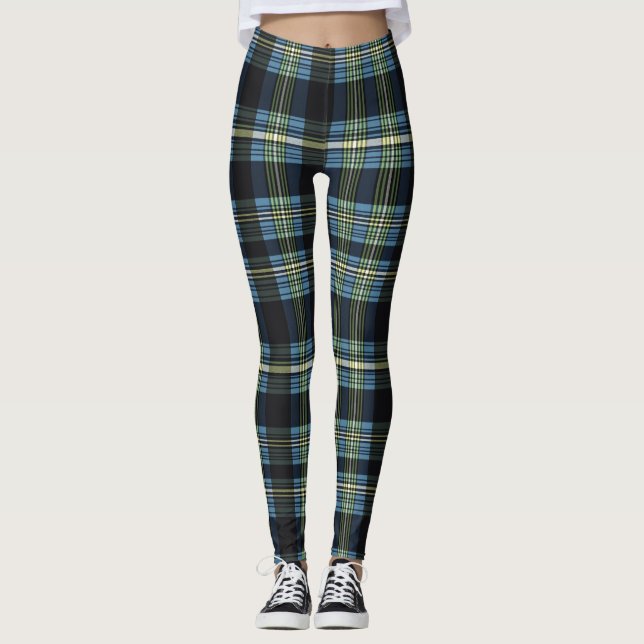 Blå, Grönt och svart tartan Leggings (Framsida)