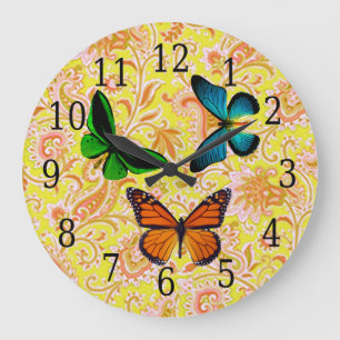 Blå, Grönt, Orange Butterflies på Paisley Clock Stor Klocka