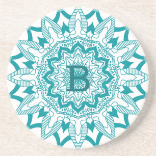 Blå grönt på vita mandala monogram underlägg
