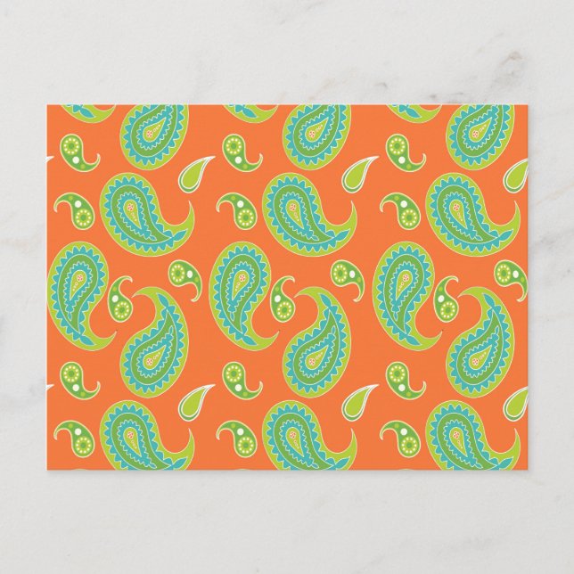 Blå Grönt Paisley på Bright Orange Vykort (Framsida)