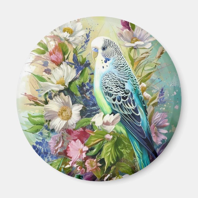 Blå grönt Parakeet och Flowers Magnet (Framsidan)