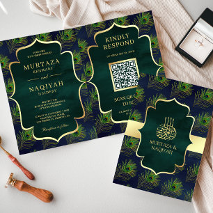 Blå Grönt Peacock Feathers QR Code Muslim Bröllop Inbjudan