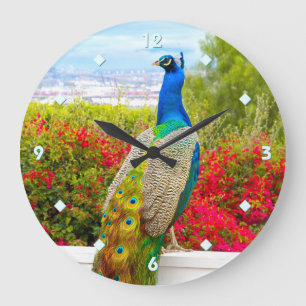 Blå Grönt Peacock Photo BeSnygg Modern Snyggt Stor Klocka