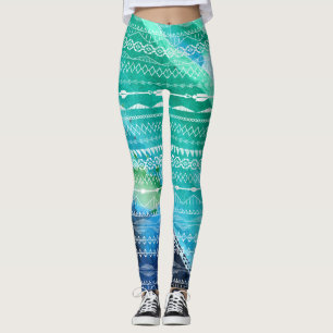 Blå Grönt-pilar Aztec Geometric Watercolor Leggings