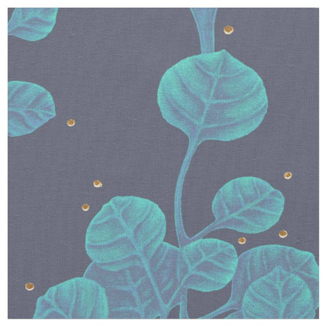 Blå Grönt Plant Mönster Pen Teckning Fabric Tyg (Närbild)