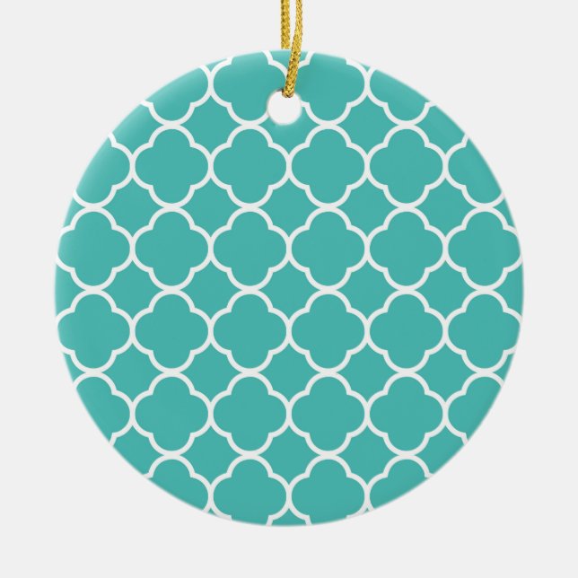 Blå Grönt Quatrefoil Mönster Julgransprydnad Keramik (Framsidan)