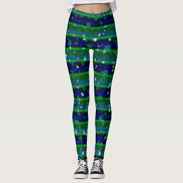 Blå Grönt Rand med stjärnor och regndroppar Leggings (Framsida)