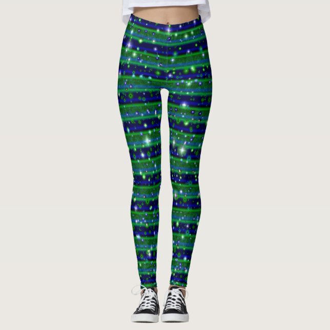 Blå Grönt Rand med stjärnor och regndroppar Leggings (Framsida)