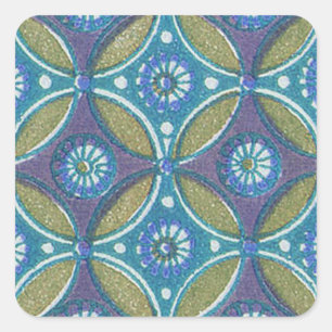 Blå Grönt Rustic Boho Geometric Circle Mönster Fyrkantigt Klistermärke