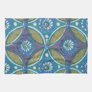 Blå Grönt Rustic Boho Geometric Circle Mönster Kökshandduk