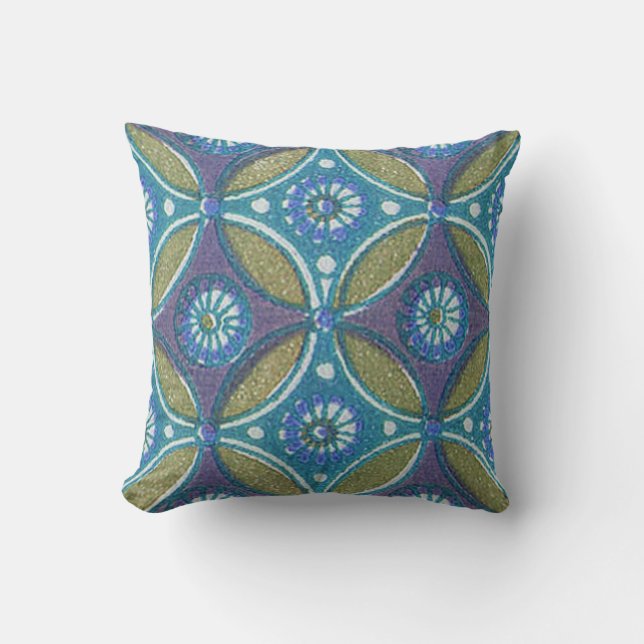 Blå Grönt Rustic Boho Geometric Circle Mönster Kudde (Framsida)