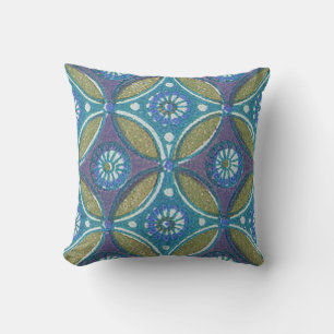 Blå Grönt Rustic Boho Geometric Circle Mönster Kudde
