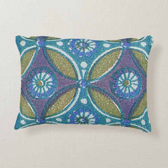 Blå Grönt Rustic Boho Geometric Circle Mönster Prydnadskudde (Baksidan)