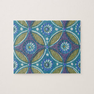 Blå Grönt Rustic Boho Geometric Circle Mönster Pussel