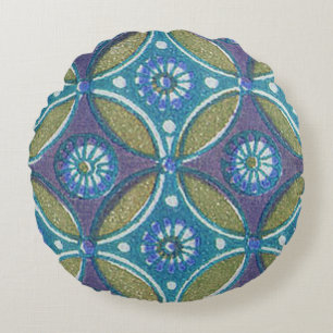 Blå Grönt Rustic Boho Geometric Circle Mönster Rund Kudde